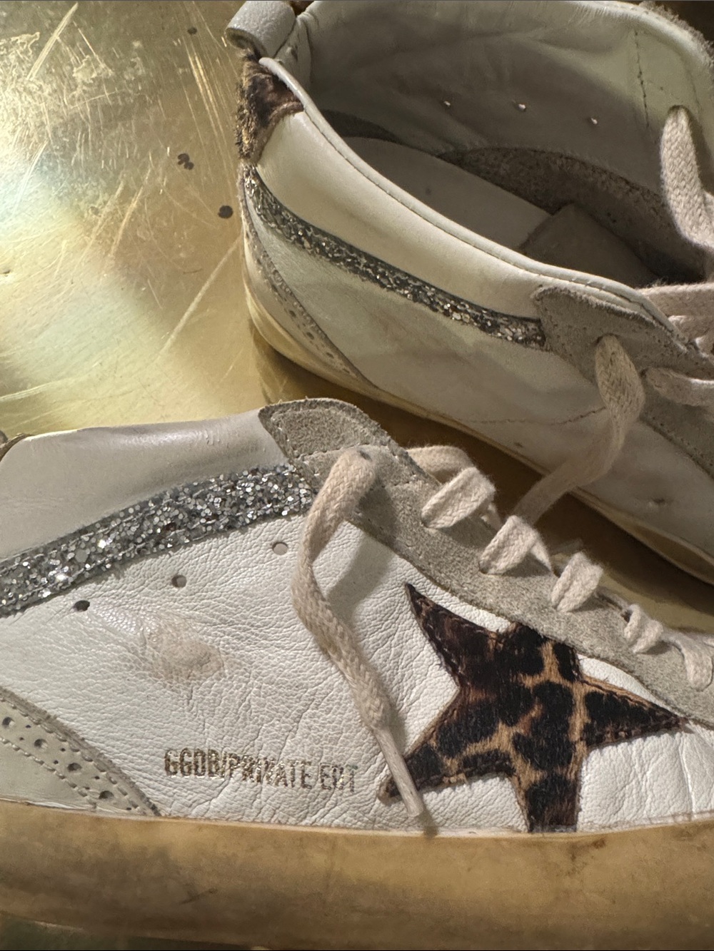 White Leather High-Top Sneakers with Leopard Star and Silver Glitter - Picture 2 of 7